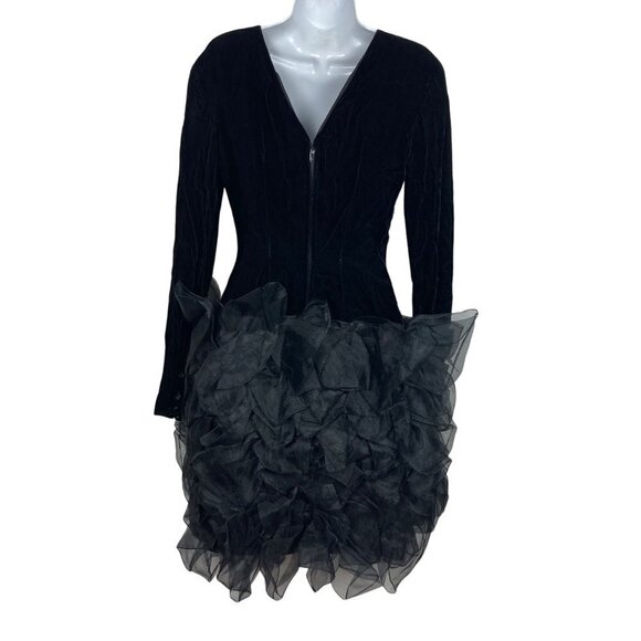 Vintage 80s Tadashi Black Velvet Dress 4 Organza Ruffle Bottom Long Sleeve - Picture 6 of 11